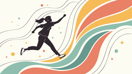 A silhouette of a woman running with a ponytail against a colorful abstract background with wavy lines
