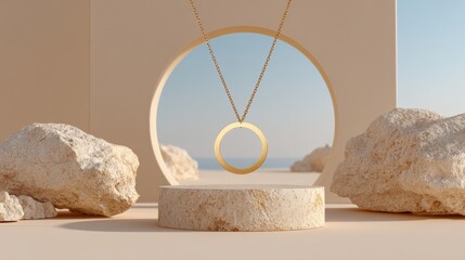 Elegant Gold Necklace Displayed on Minimalist Pedestal with Natural Stones and Soft Background in a Beach Setting