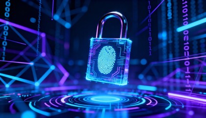 Digital padlock glowing in cyber space, fingerprint symbol in center, abstract secure data technology