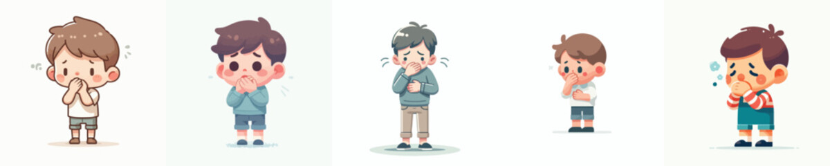 vector of a children gesture covering his mouth in nausea