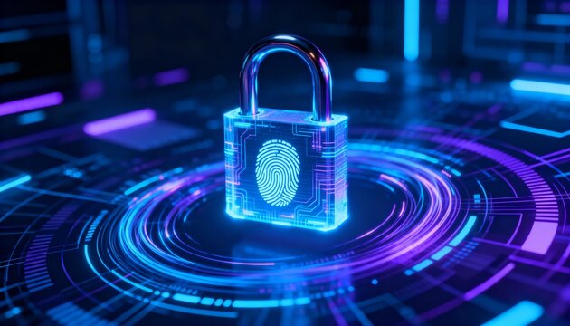 Digital padlock glowing in cyber space, fingerprint symbol in center, abstract secure data technology