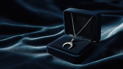 Silver Crescent Moon Pendant Necklace Presented in Black Jewelry Box on Shimmering Dark Fabric Background