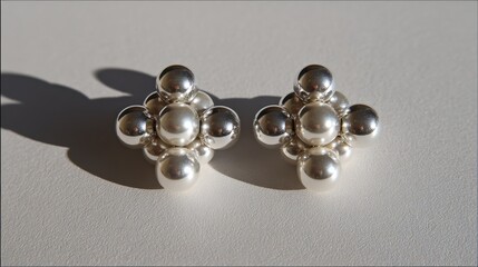 Elegant silver and pearl earrings with a unique geometric design and luxurious shine on a light background