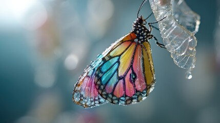 metamorphosis. Butterfly emerging from a cocoon with wings unfolding for the first time in morning sunlight. wildlife magazines, conservation campaigns, designed for wildlife conservation campaigns.