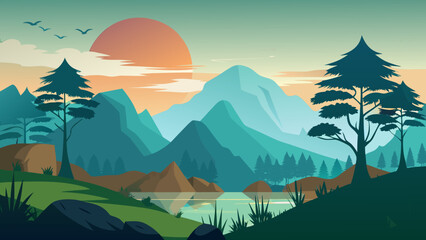 Serene mountain landscape with sunset and lake