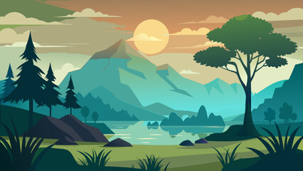 Serene mountain lake landscape at sunset with evergreen trees