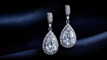 Elegant Teardrop Diamond Earrings with Sparkling Details on Dark Silk Background Displaying Luxury and Glamour