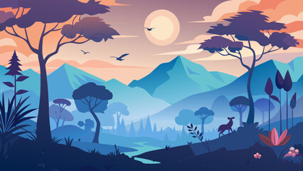 Serene african savannah landscape at sunset with mountains and wildlife