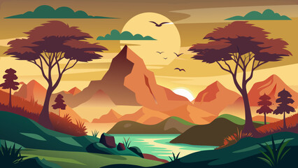 Vibrant sunset over mountain landscape with river and trees