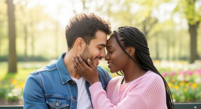 A diverse couple sharing a tender embrace in a sunlit park. Intimate romantic moment between a young interracial man and woman. Love and relationship concept
