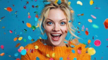 A person expresses happiness while surrounded by colorful confetti against a bright blue background.