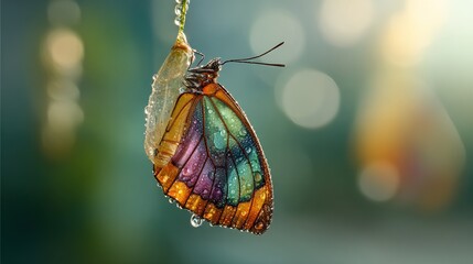 metamorphosis. Butterfly emerging from a cocoon with wings unfolding for the first time in morning sunlight. wildlife magazines, conservation campaigns, designed for wildlife conservation campaigns.
