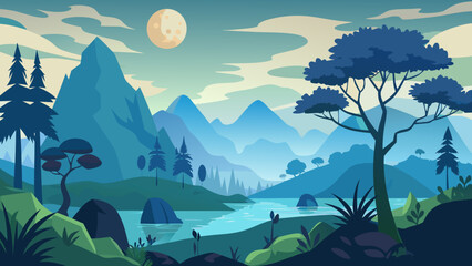 Serene mountain landscape with a full moon over a tranquil lake