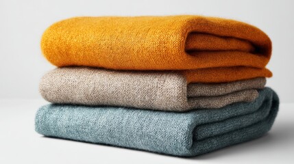Soft and warm woolen blankets in orange grey and teal arranged neatly inviting comfort and warmth.