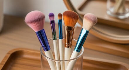 Collection of makeup brushes in holder on wooden vanity table