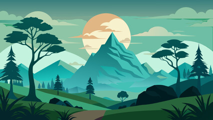 Stylized mountain landscape with sun and trees