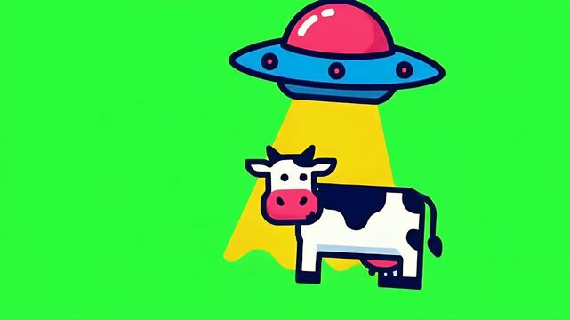 Cartoon Cow Abduction by Flying Saucer Illustration with Neon Green Background