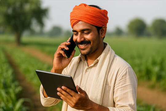 Smiling Indian farmer using smartphone and tablet in agricultural field — rural technology and digital farming concept