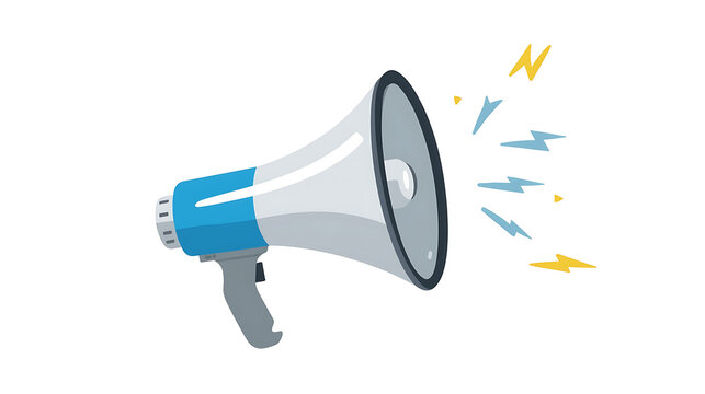 The image depicts a blue and gray megaphone with sound waves or lightning bolt symbols, symbolizing loud noise or announcement, with a clean, minimal design on a white background.