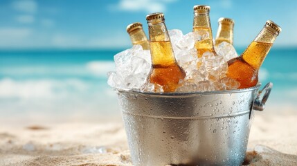 Bright sunlight glimmers on ice cold bottles resting in a metal bucket at a beautiful beach.