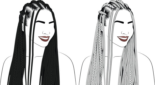 Illustration of long braids hairstyles in black and outline