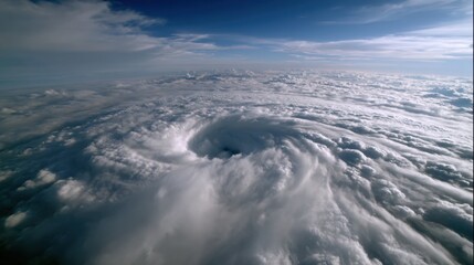 Fototapeta premium An aerial photograph of a powerful hurricane with a clearly defined eye. The swirling clouds demonstrate the force of the elements and the atmospheric drama.