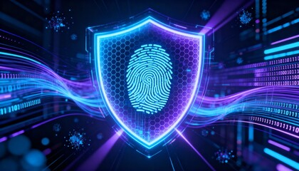 Digital shield glowing in cyber space, fingerprint symbol in center, abstract secure data technology