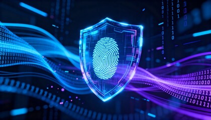 Digital shield glowing in cyber space, fingerprint symbol in center, abstract secure data technology