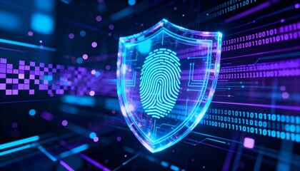 Digital shield glowing in cyber space, fingerprint symbol in center, abstract secure data technology