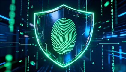 Digital shield glowing in cyber space, fingerprint symbol in center, abstract secure data technology