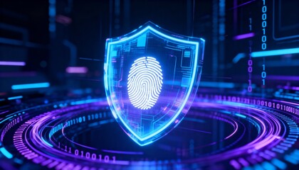 Digital shield glowing in cyber space, fingerprint symbol in center, abstract secure data technology