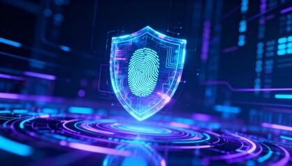 Digital shield glowing in cyber space, fingerprint symbol in center, abstract secure data technology
