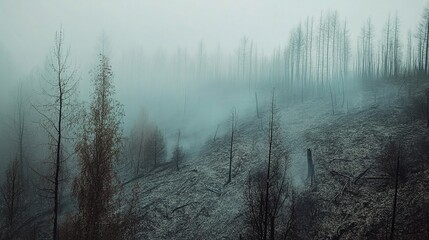 devastation. Aerial view of a charred forest landscape, hazy atmosphere and deep perspective. ESG reports, sustainability campaigns, designed for environmental awareness campaigns.