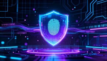 Digital shield glowing in cyber space, fingerprint symbol in center, abstract secure data technology