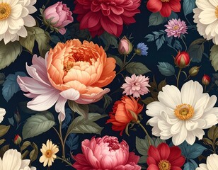 Seamless Dark Floral Pattern with Luxurious Pink Peonies and White Roses on a Deep Indigo Background