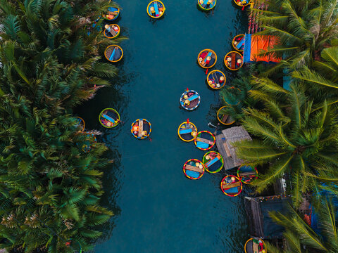 Aerial view of round basket boats on river in lush hoi an, vietnam