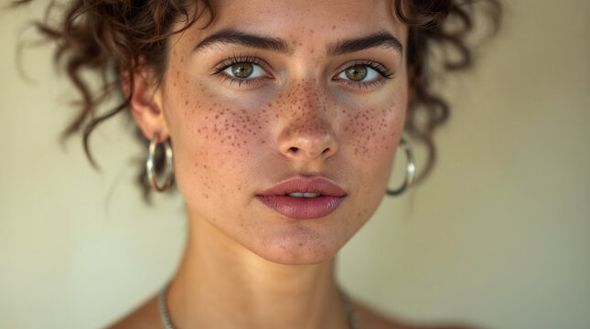 Portrait of a 24-year-old tanned woman with freckles and short curly hair.
