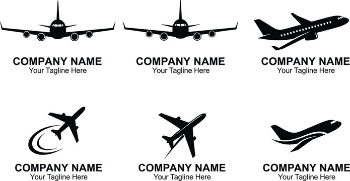 Airplane logo set, aviation branding, flight icon, travel business design, airline symbol, jet silhouette, vector illustration, corporate identity template