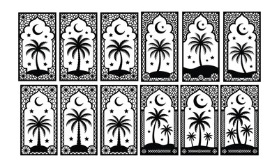 Fototapeta premium Islamic Palm Tree Arch Panels Crescent Moon Stars Geometric Border Ramadan Eid Decorative Design Black and White