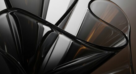 Close-up of elegant, intertwined black and amber glass curves creating an abstract, reflective pattern.