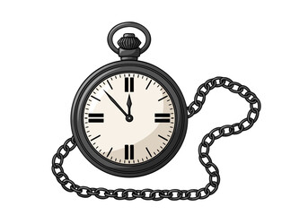 An elegant vintage pocket watch with a chain showing twelve o'clock. A classic analog timepiece vector illustration isolated on a white background
