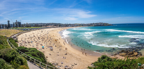 Panoramic view of the iconic Bondi Beach, Eastern Suburbs, Sydney, New South Wales, Australia