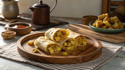 Close up shot of roti rolls filled with potato curry on a plate
