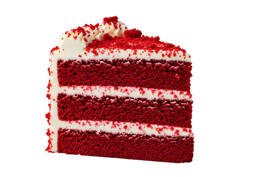 Tall slice of red velvet layer cake with cream cheese frosting