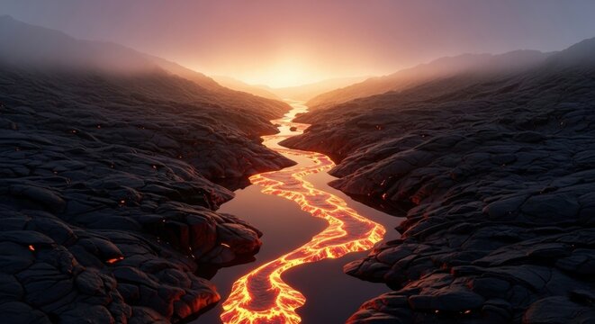 Fiery river of molten lava flows through rugged volcanic terrain, casting a warm glow against the backdrop of distant mountains.