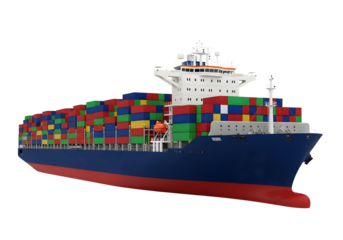 Large cargo ship carrying colorful containers isolated on transparent background