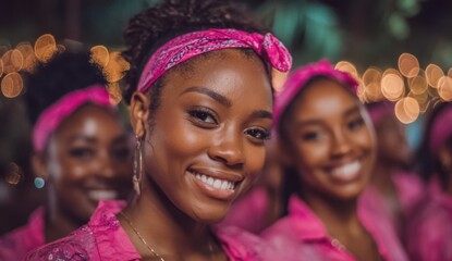 Fototapeta premium Group of smiling women wearing pink headbands and dresses at celebration event