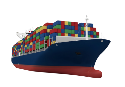 Large cargo ship carrying colorful containers isolated on transparent background