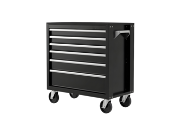 Black metal rolling tool chest cabinet with multiple drawers isolated on transparent background