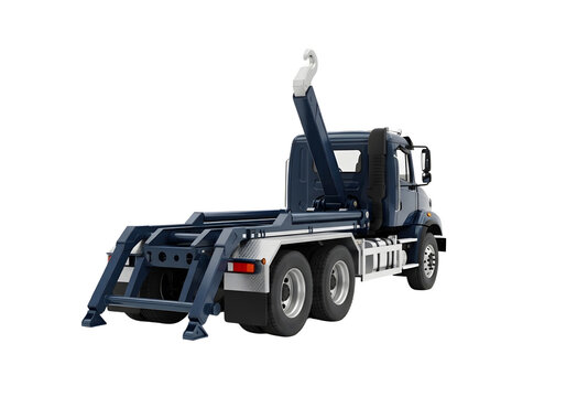 Dark blue skip loader truck with hook arm isolated on transparent background
